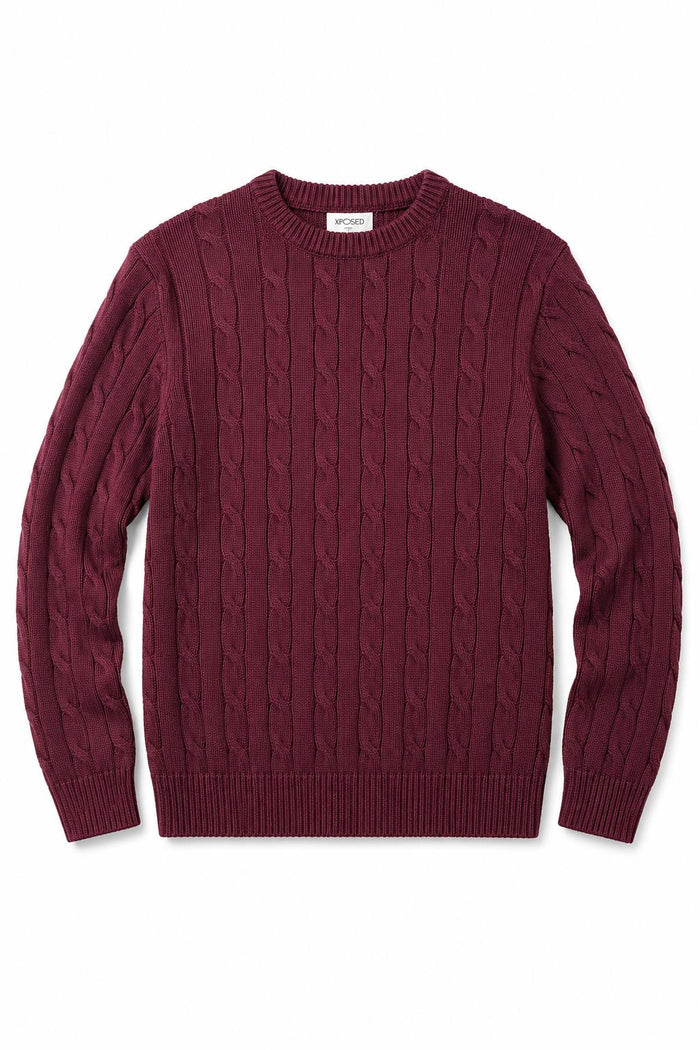 Men's Maroon 100% Cotton Fine Cable Knit Crew Neck Jumper