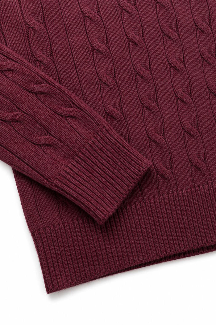 Men's Maroon 100% Cotton Fine Cable Knit Crew Neck Jumper