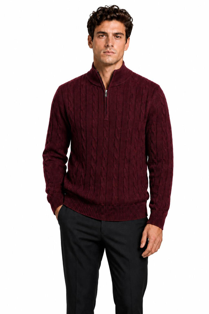 Men's Maroon 100% Cotton Fine Cable Knit Quarter Zip Neck Jumper