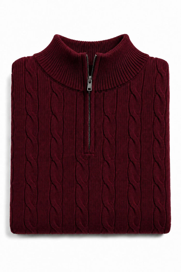 Men's Maroon 100% Cotton Fine Cable Knit Quarter Zip Neck Jumper