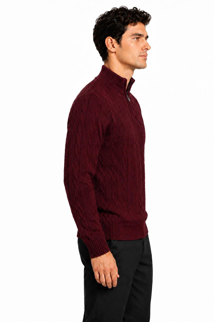 Men's Maroon 100% Cotton Fine Cable Knit Quarter Zip Neck Jumper