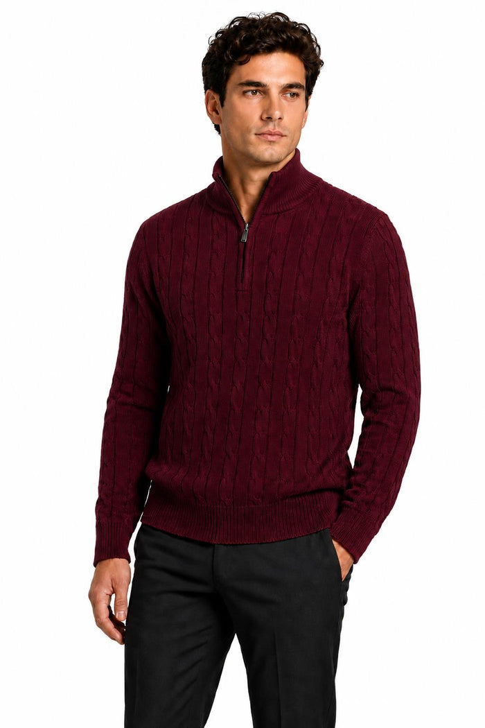 Men's Maroon 100% Cotton Fine Cable Knit Quarter Zip Neck Jumper