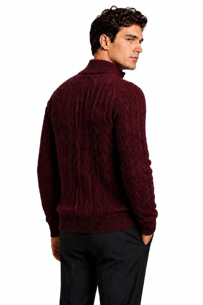 Men's Maroon 100% Cotton Fine Cable Knit Quarter Zip Neck Jumper