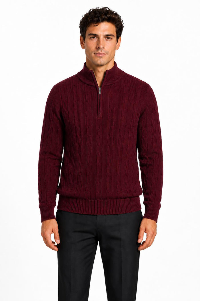 Men's Maroon 100% Cotton Fine Cable Knit Quarter Zip Neck Jumper