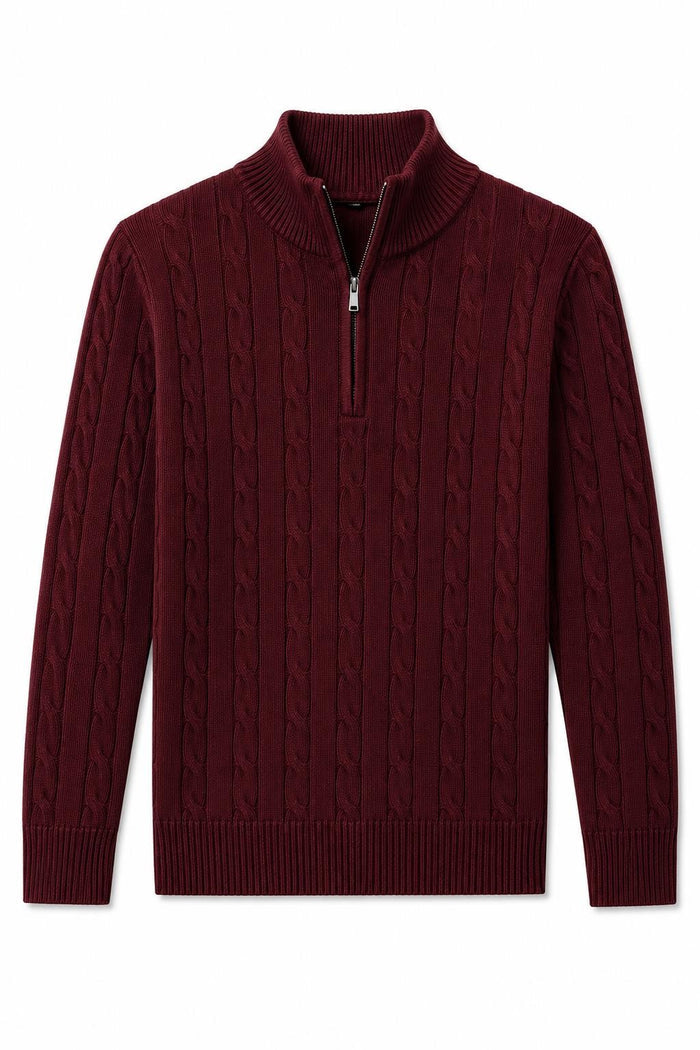 Men's Maroon 100% Cotton Fine Cable Knit Quarter Zip Neck Jumper