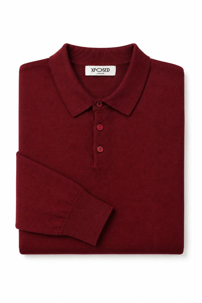 Men's Maroon 100% Cotton Fine Knit Button Neck Polo Jumper