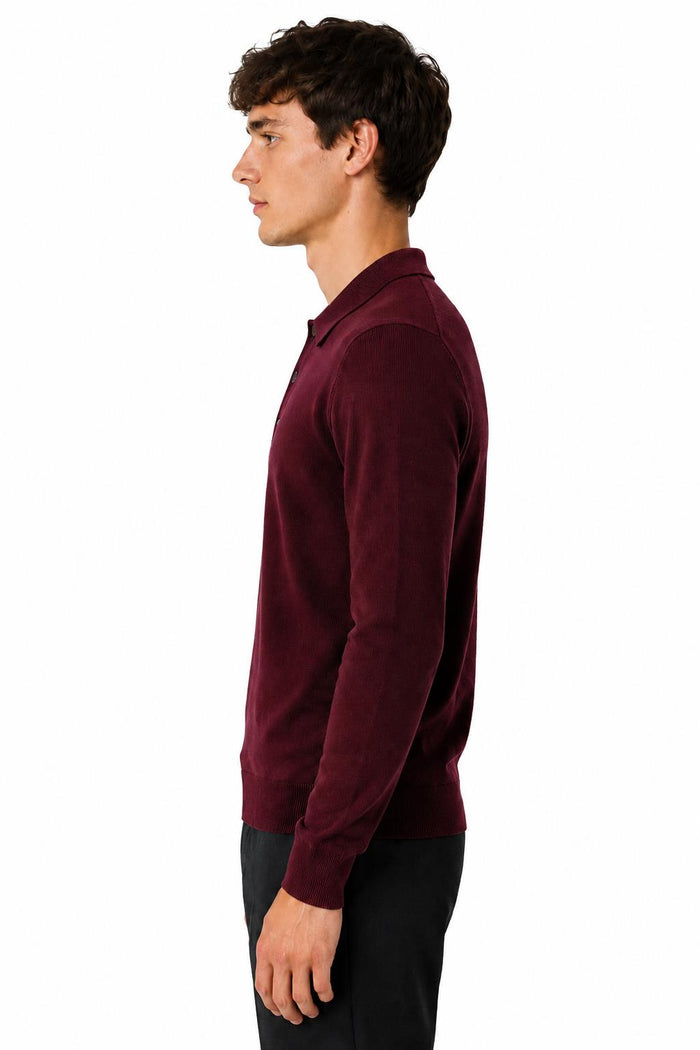 Men's Maroon 100% Cotton Fine Knit Button Neck Polo Jumper