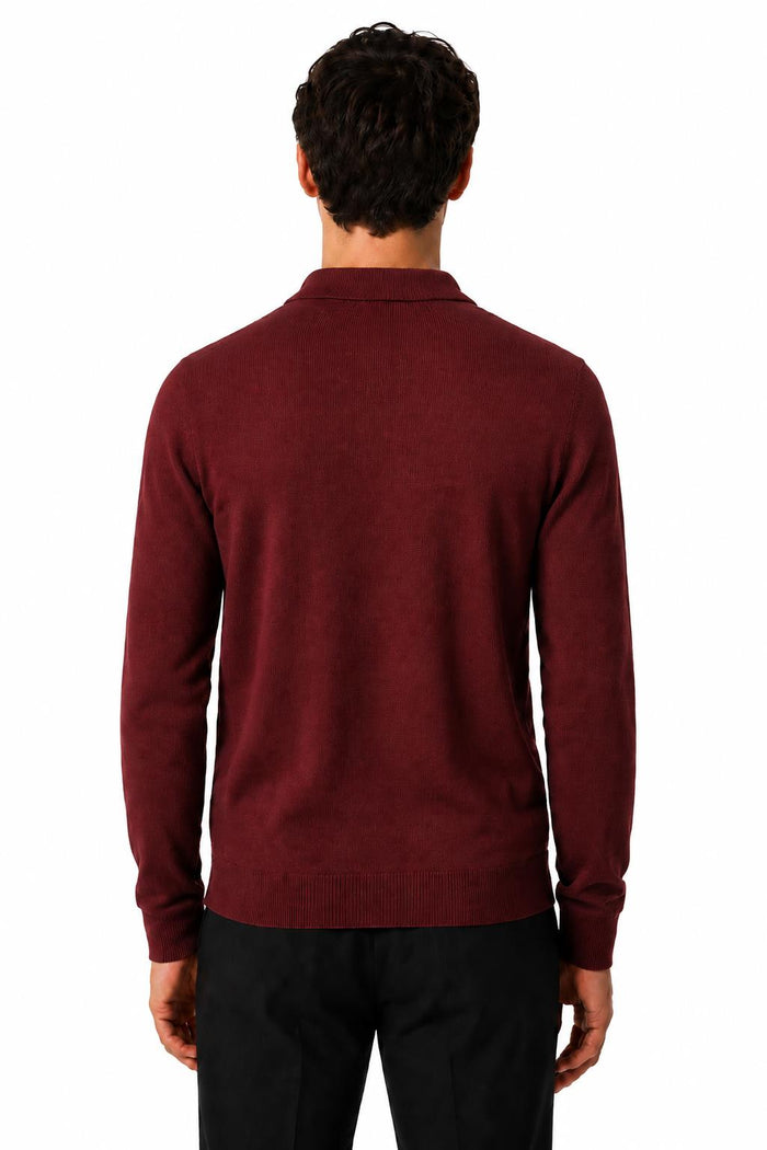 Men's Maroon 100% Cotton Fine Knit Button Neck Polo Jumper
