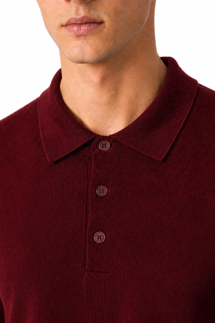 Men's Maroon 100% Cotton Fine Knit Button Neck Polo Jumper