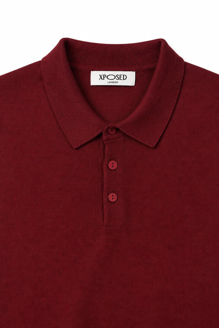 Men's Maroon 100% Cotton Fine Knit Button Neck Polo Jumper
