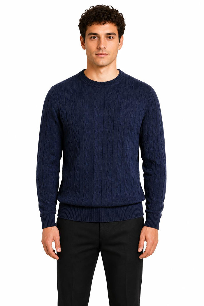 Men's Navy 100% Cotton Fine Cable Knit Crew Neck Jumper
