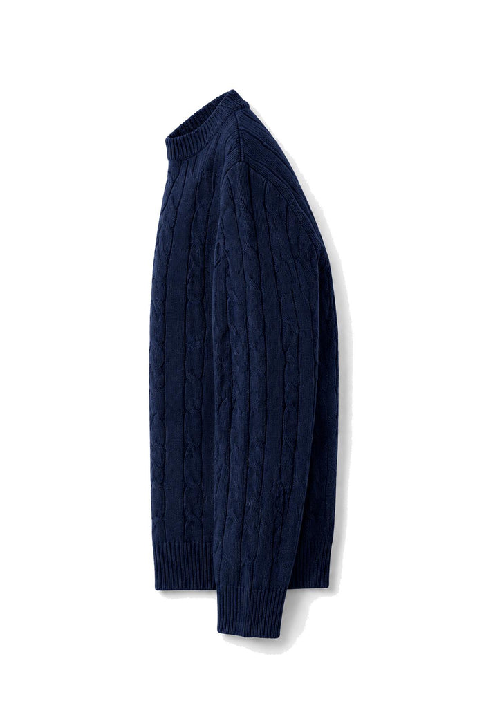 Men's Navy 100% Cotton Fine Cable Knit Crew Neck Jumper