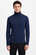 Men's Navy 100% Cotton Fine Cable Knit Roll Neck Jumper