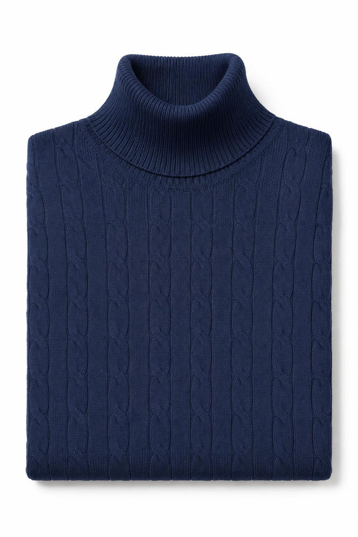 Men's Navy 100% Cotton Fine Cable Knit Roll Neck Jumper