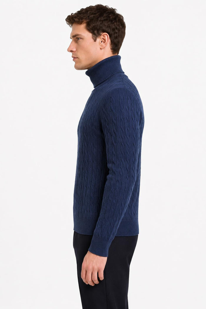 Men's Navy 100% Cotton Fine Cable Knit Roll Neck Jumper