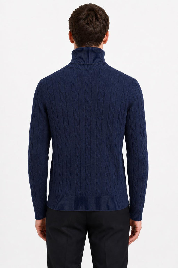 Men's Navy 100% Cotton Fine Cable Knit Roll Neck Jumper