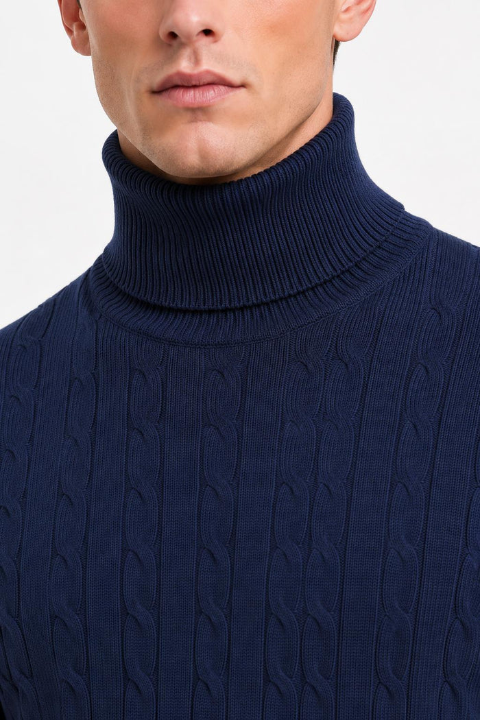 Men's Navy 100% Cotton Fine Cable Knit Roll Neck Jumper
