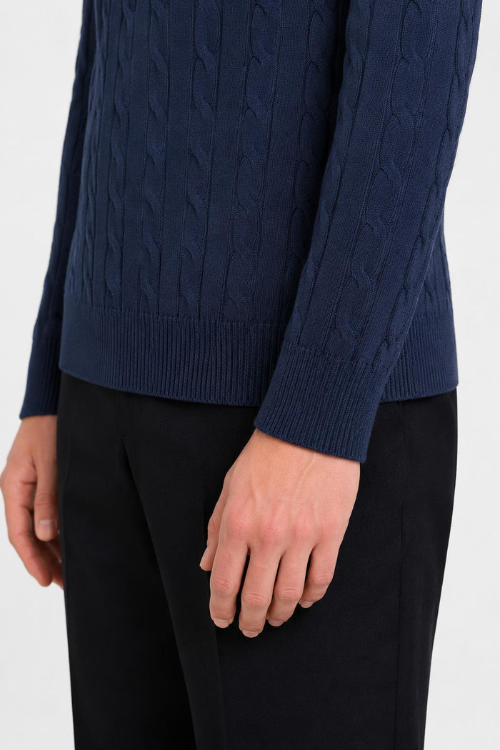 Men's Navy 100% Cotton Fine Cable Knit Roll Neck Jumper