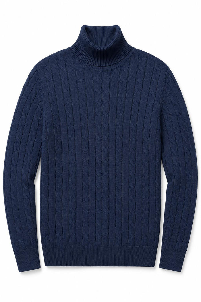 Men's Navy 100% Cotton Fine Cable Knit Roll Neck Jumper