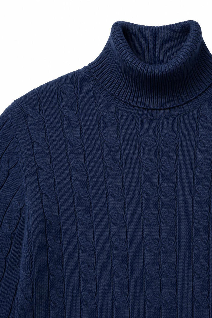 Men's Navy 100% Cotton Fine Cable Knit Roll Neck Jumper