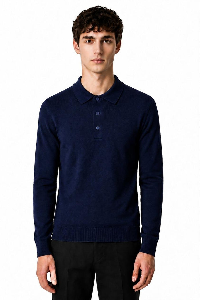 Men's Navy 100% Cotton Fine Knit Button Neck Polo Jumper