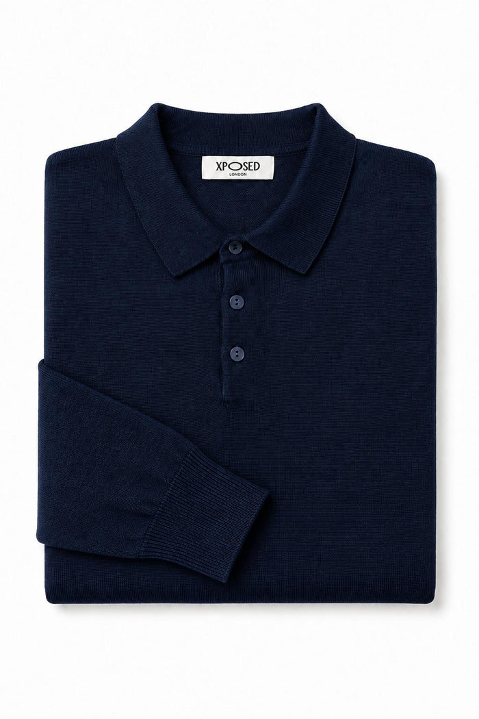 Men's Navy 100% Cotton Fine Knit Button Neck Polo Jumper