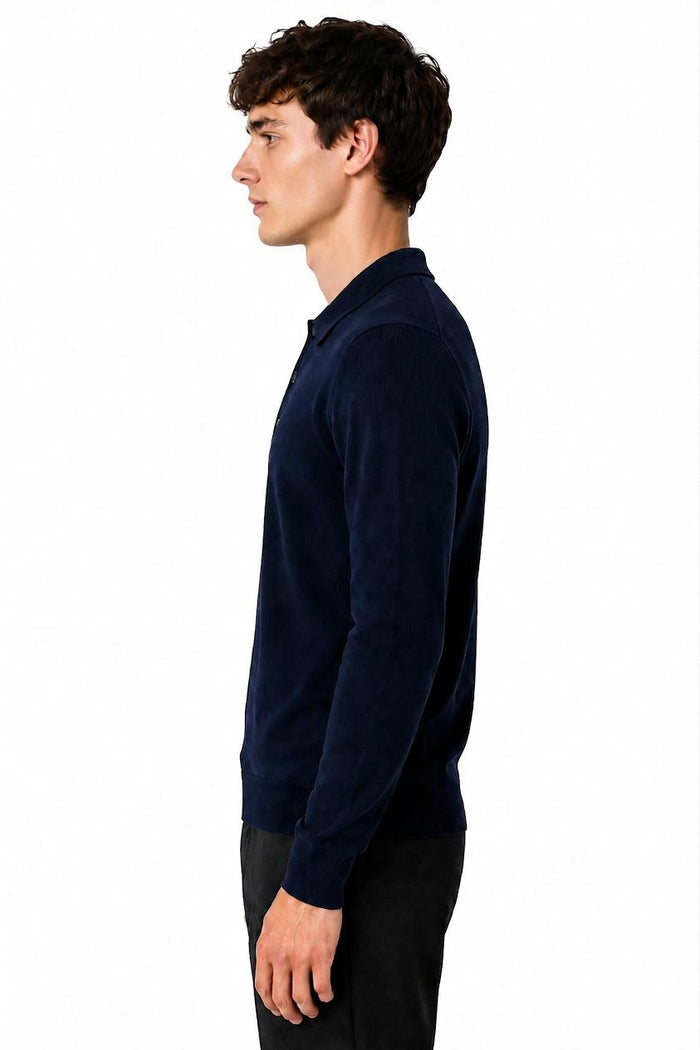 Men's Navy 100% Cotton Fine Knit Button Neck Polo Jumper