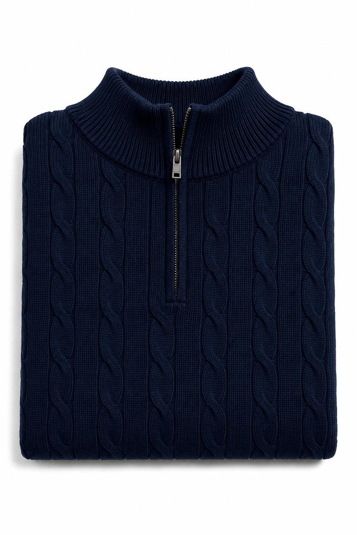 Men's Navy Blue 100% Cotton Fine Cable Knit Quarter Zip Neck Jumper