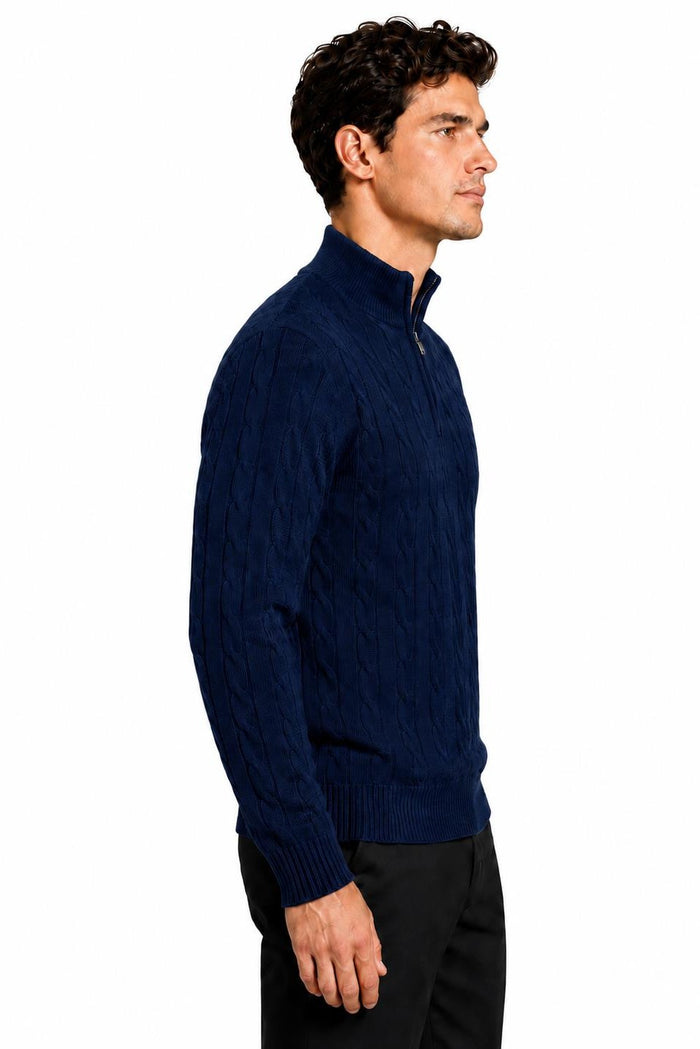 Men's Navy Blue 100% Cotton Fine Cable Knit Quarter Zip Neck Jumper
