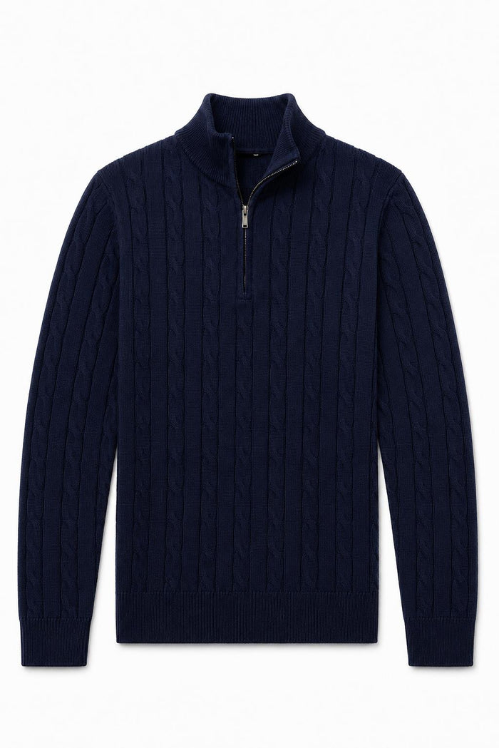 Men's Navy Blue 100% Cotton Fine Cable Knit Quarter Zip Neck Jumper