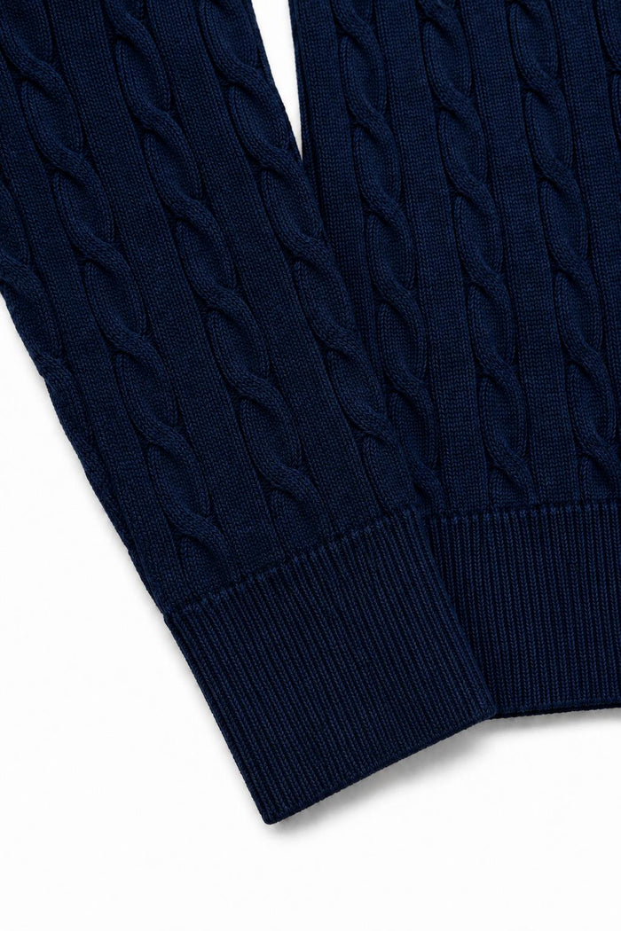 Men's Navy Blue 100% Cotton Fine Cable Knit Quarter Zip Neck Jumper
