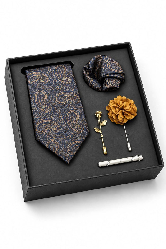Men’s Navy Blue & Gold Paisley 5-Piece Tie Gift Set