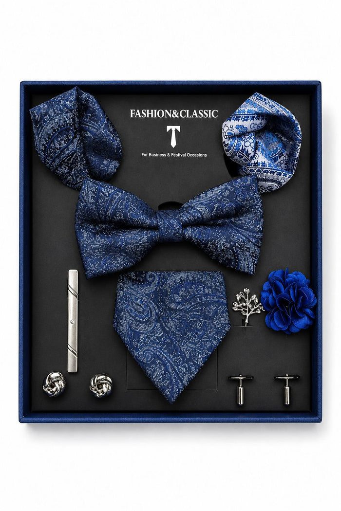 Men’s Navy Blue Paisley 8-Piece Tie & Bow Tie Wedding Gift Set