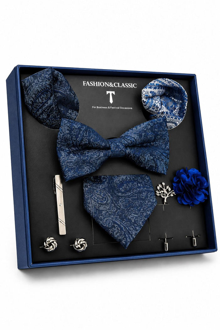 Men’s Navy Blue Paisley 8-Piece Tie & Bow Tie Wedding Gift Set