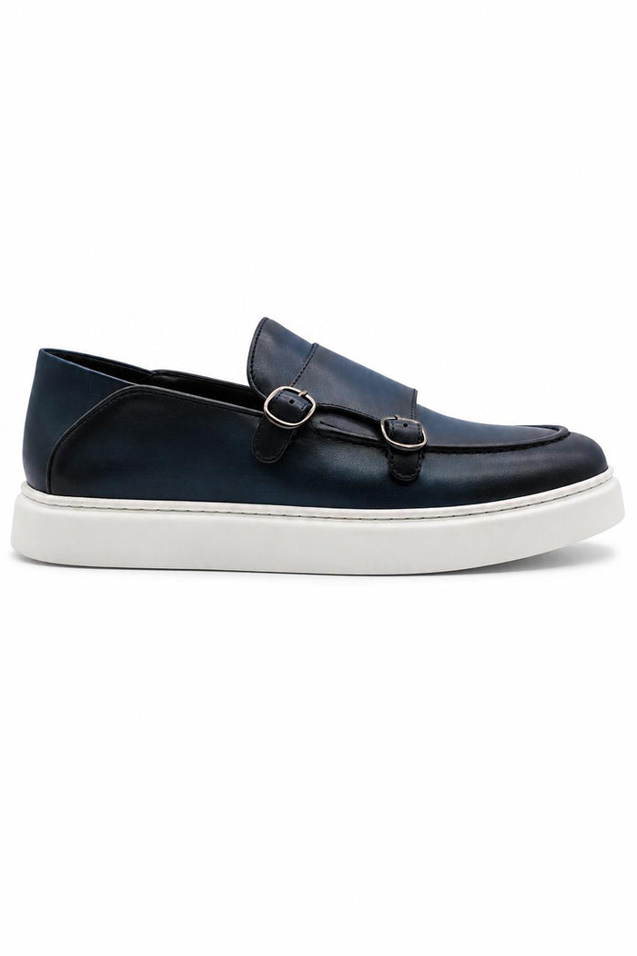 Men's Navy Blue Real Leather Double Monk Strap Trainers White Sole