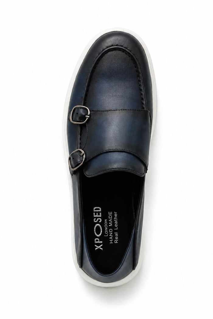 Men's Navy Blue Real Leather Double Monk Strap Trainers White Sole