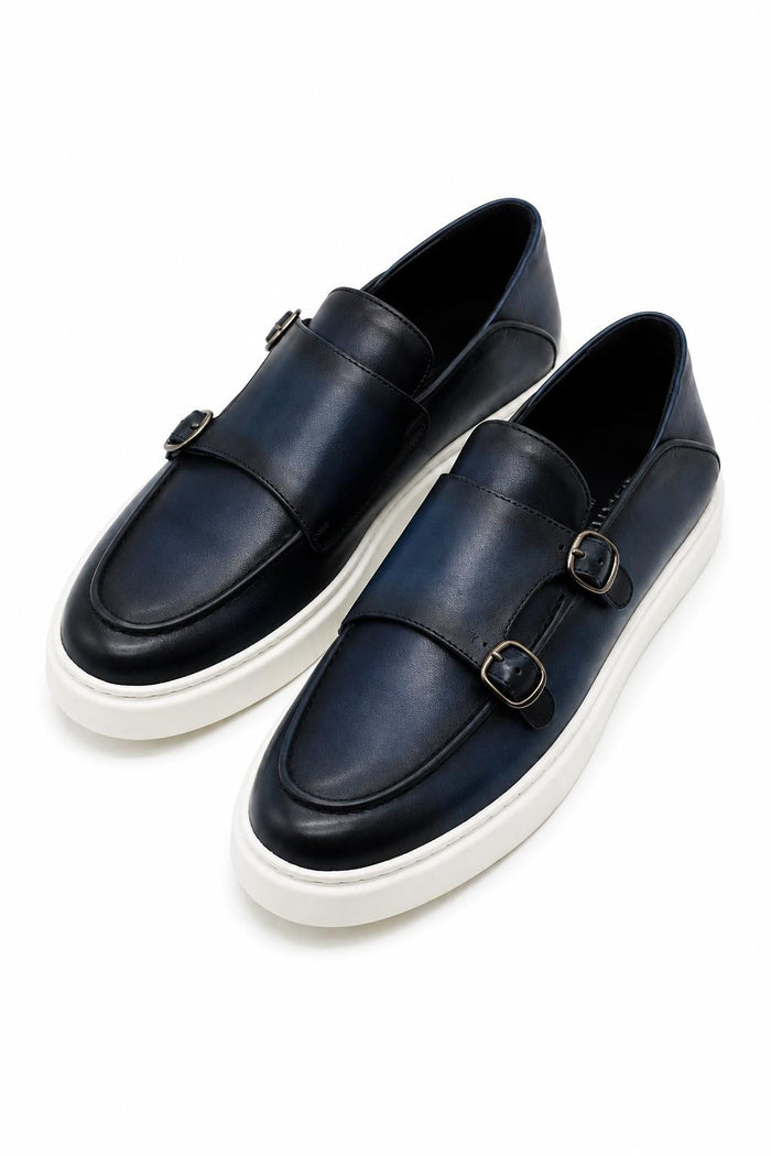 Men's Navy Blue Real Leather Double Monk Strap Trainers White Sole