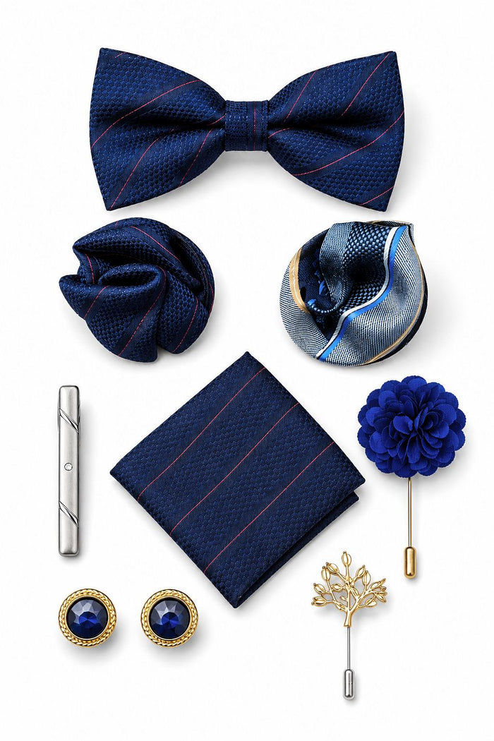 Men’s Navy Blue Stripe 8-Piece Tie & Bow Tie Wedding Gift Set