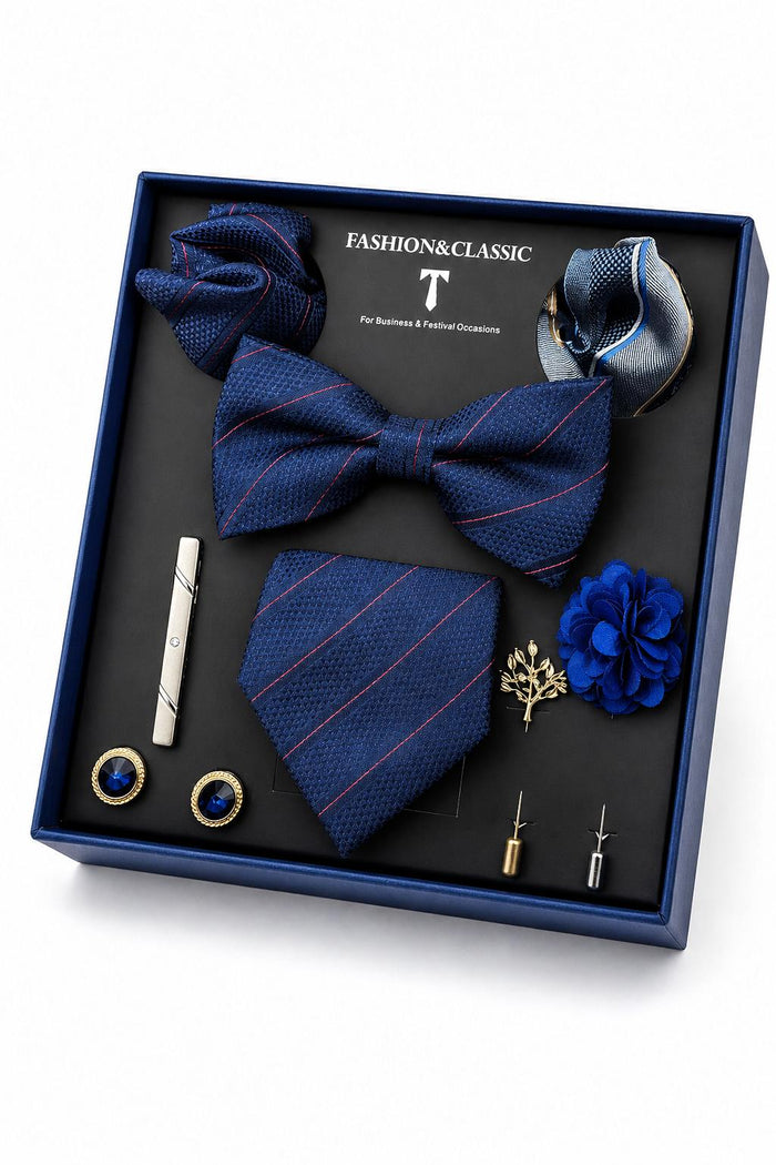 Men’s Navy Blue Stripe 8-Piece Tie & Bow Tie Wedding Gift Set