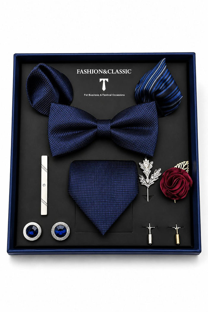 Men’s Navy Blue Textured 8-Piece Tie & Bow Tie Wedding Gift Set