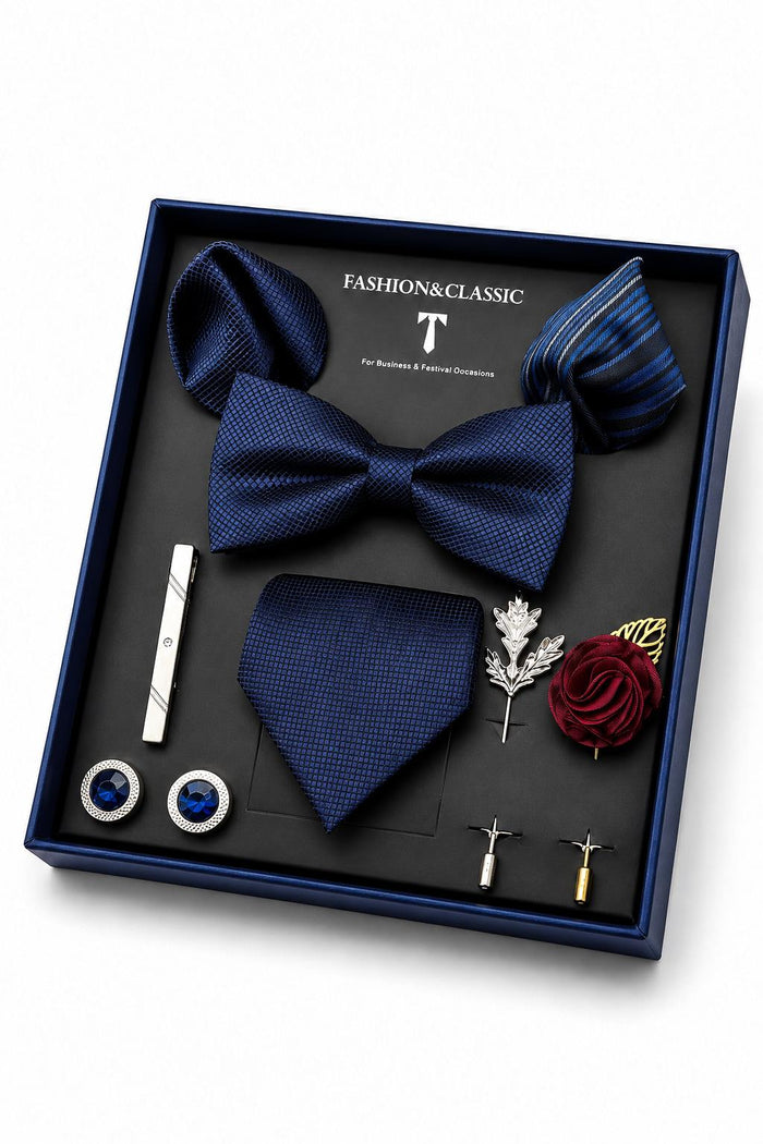 Men’s Navy Blue Textured 8-Piece Tie & Bow Tie Wedding Gift Set