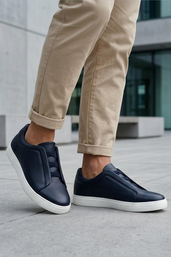 Men’s Navy Faux Leather Slip-On Trainers