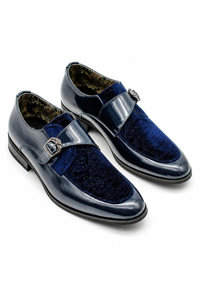 Men's Navy Floral Velvet Monk Strap Dress Shoes