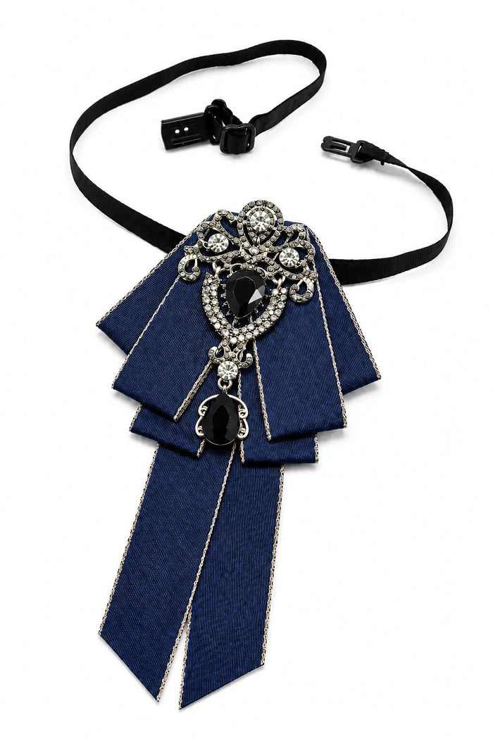 Men’s Navy Jewelled Short Ribbon Wedding Brooch Bow Tie