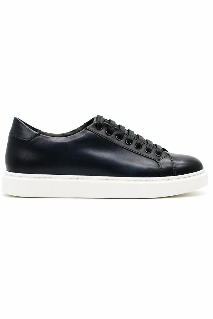 Men's Navy Real Leather Lace-Up Trainers White Sole