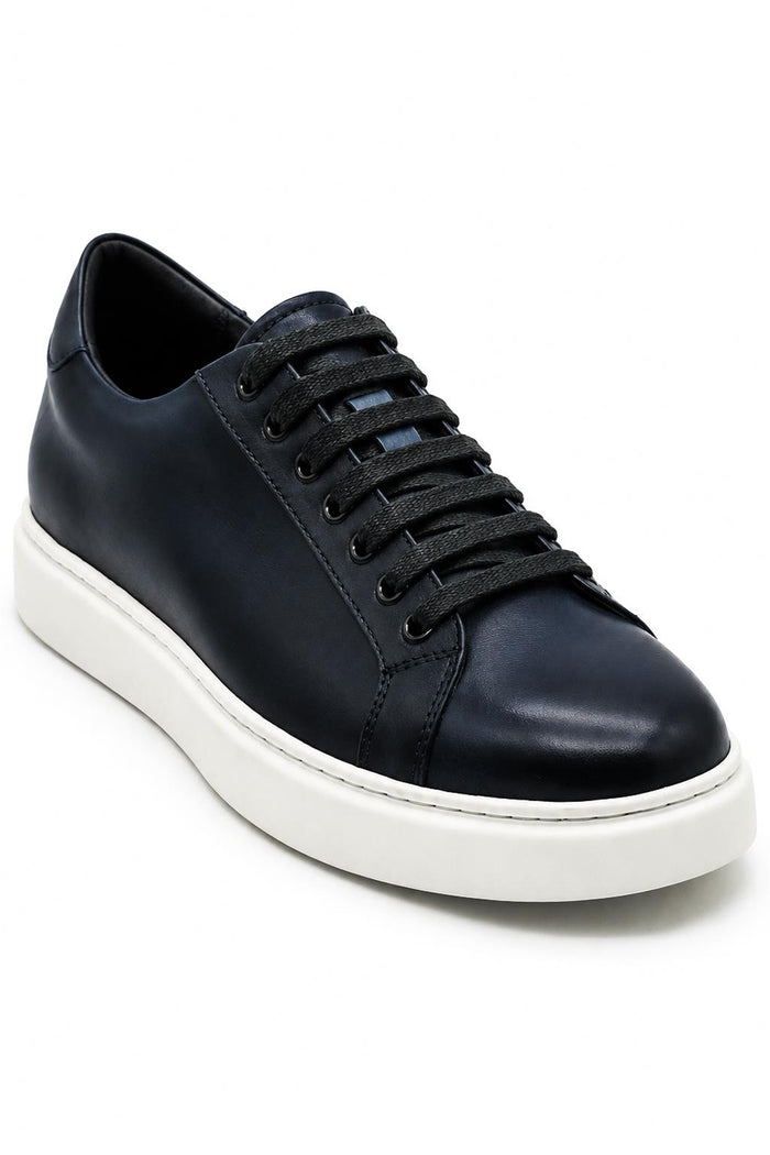 Men's Navy Real Leather Lace-Up Trainers White Sole