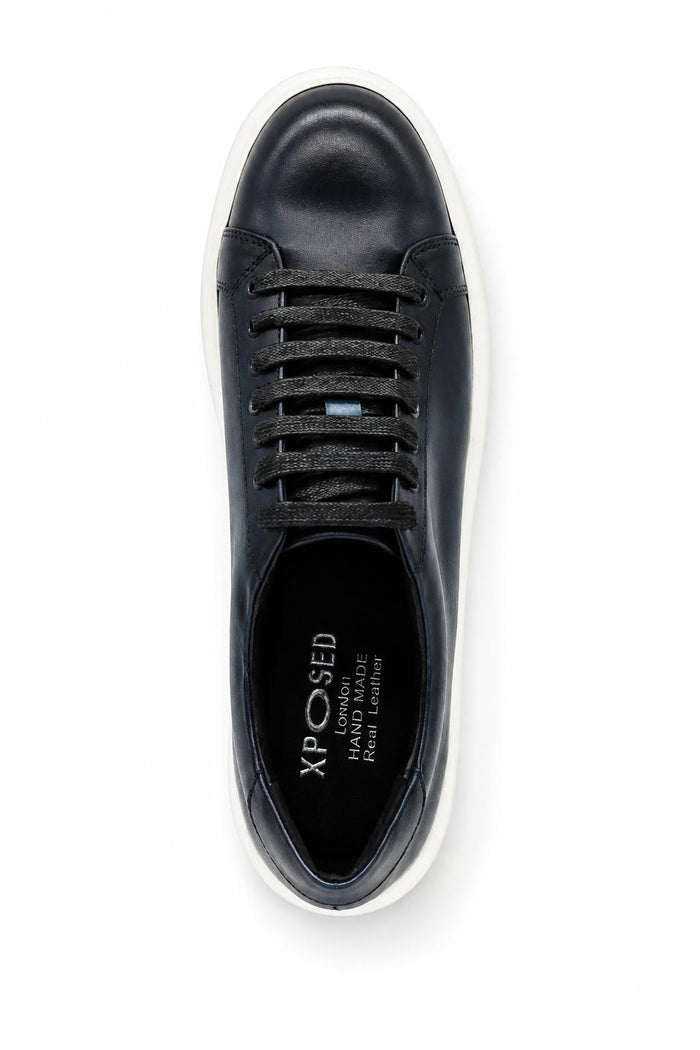Men's Navy Real Leather Lace-Up Trainers White Sole