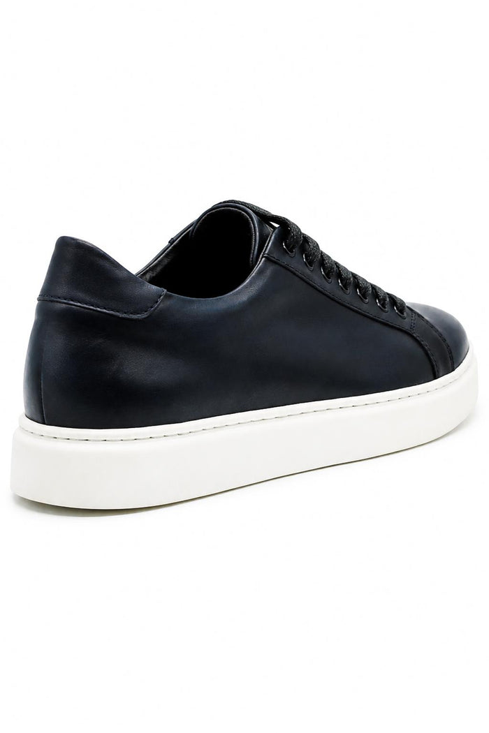 Men's Navy Real Leather Lace-Up Trainers White Sole