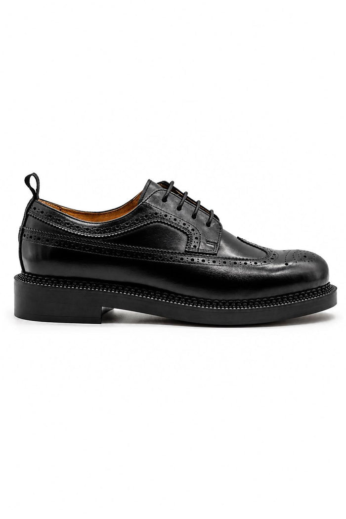 Men's Polished Leather Wingtip Brogues - Black Chunky Derby Shoes
