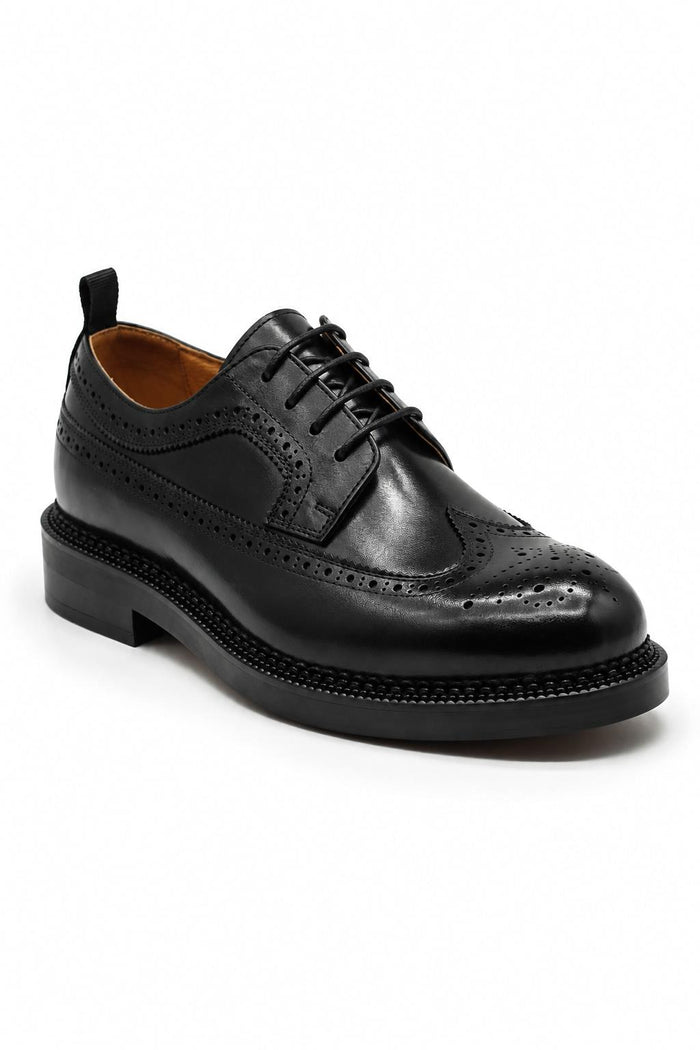 Men's Polished Leather Wingtip Brogues - Black Chunky Derby Shoes